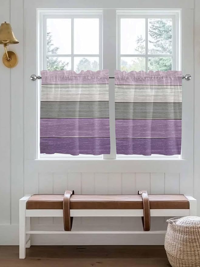 Country Wood Board Gray Purple Window Valance Curtains, Farmhouse Gradient by IDOWMAT
