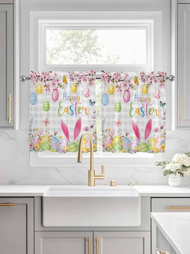 Happy Easter Half Window Curtains 24 Inches Long, Spring Watercolor Bunny Eggs - Image 3