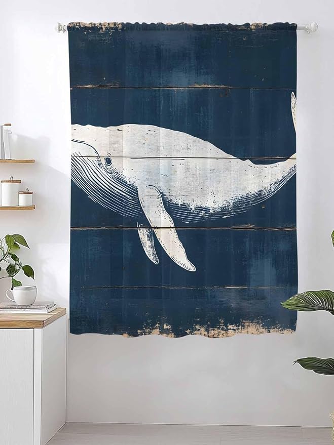Sheer Curtains 72 Inches Long, Ocean Whale Blue Semi Sheer Curtains Light - Image 2