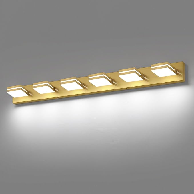 SineRise LED Modern Bathroom Vanity Light Fixtures (6-Light, 48-Inch), Brass Modern Acrylic Bathroom Wall Lighting Fixtures Over Mirror (Cool White 6000K)