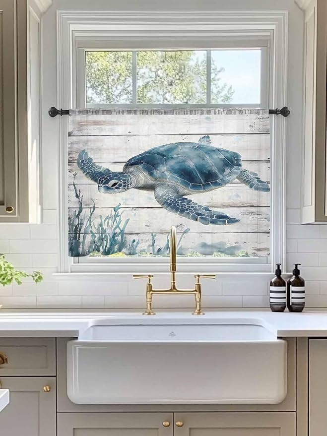 Sheer Curtains 45 Inch Length, Ocean Sea Turtle Semi Sheer Curtains Light - Image 3