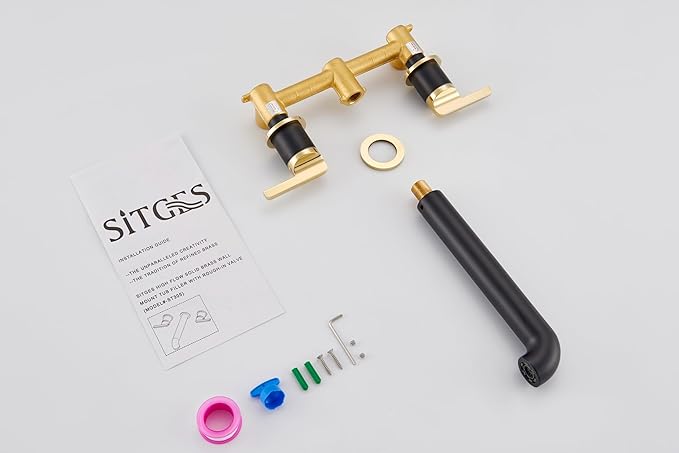 SITGES Polished Gold and Black Solid Brass Wall Mount Bathtub Faucet,10" High Flow Wall Mount Tub Filler with Two Lever Handles,High-End Design with Rough-in Valve Included