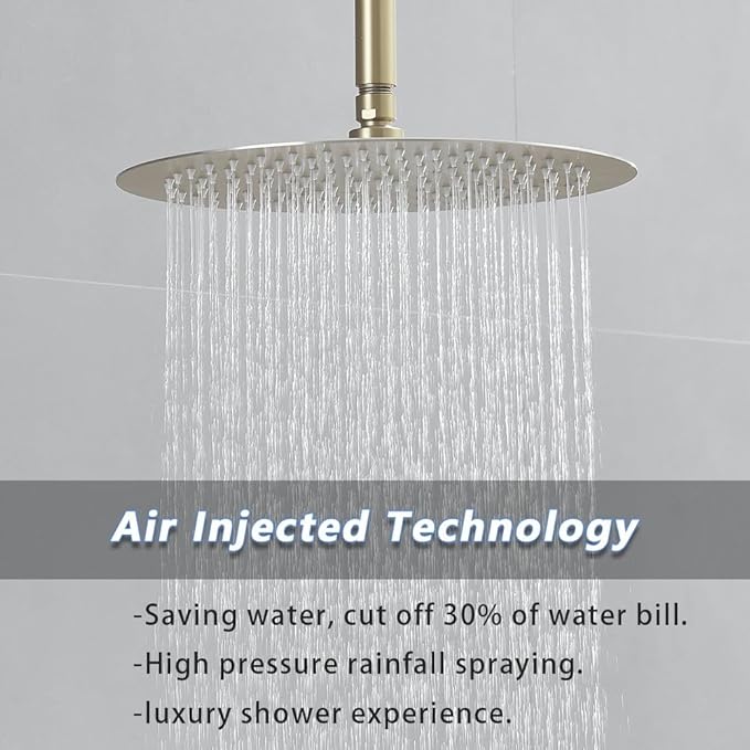 Brushed Gold Round Shower Faucet Set with Body Jets 16 Inch Shower Head Handheld Shower Combo Set High Pressure Ceiling Mount with Rough-in Valve