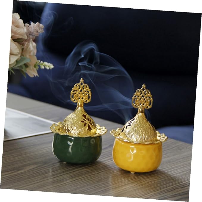 European Style Small Green Ceramic Incense Burner Metal Censer - Image 4