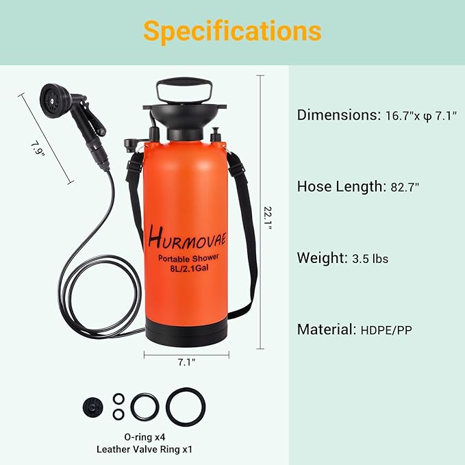 2.1 Gallon/8L Portable Shower–10 Spray Modes, Nylon Insulated Sleeve & No Electric Needed, Beach Shower for Surfing, Camping, Traveling & Hiking, Portable Water Sprayer, Orange