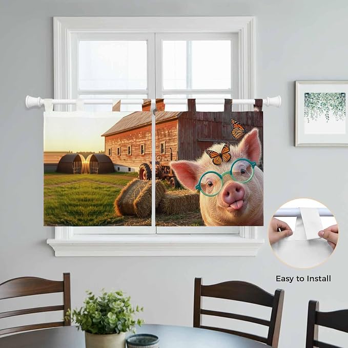 Farm Pig Kitchen Curtains 36 Inch Length, Small Window Curtains Tab Top - Image 4