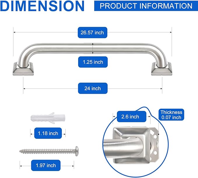 Bathroom Grab Bars Stainless Steel Handrail ADA Compliant 500lbs bathtubs and Showers Toilet Handle Safety for Handicap, Elderly, Disabled, Injury (24inches)