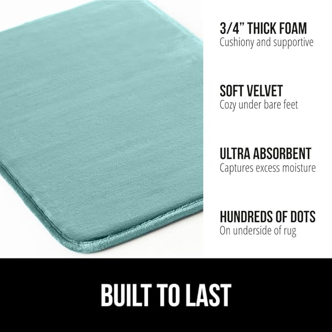 GORILLA GRIP Memory Foam Bath Mat, Soft Absorbent Velvet Bathroom Mats, Durable Dots on Underside, Machine Washable Bathmat, Carpet Rug Room Decor for Shower Tub Floor RV, 24x17 Rugs, Seablue