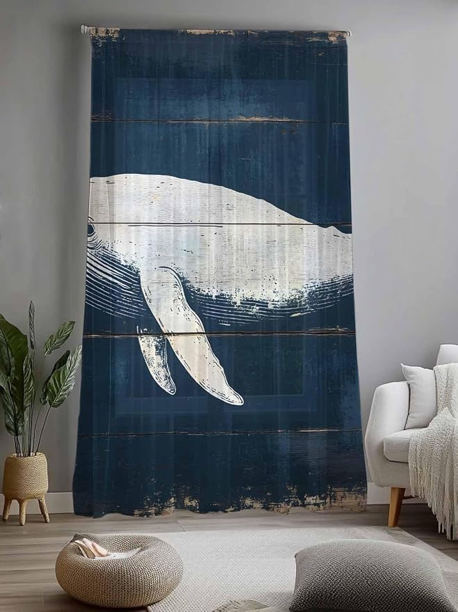 Sheer Curtains 96 Inches Long, Ocean Whale Blue Semi Sheer Curtains Light - Image 2