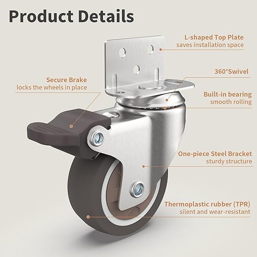 2" L-Shaped Swivel Plate Casters, TPR Silent Furniture Wheels - Image 2