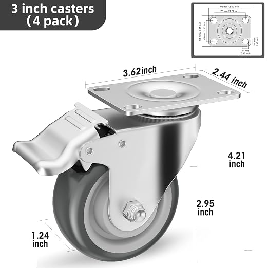 3" Swivel Plate Casters with Brake - Image 3
