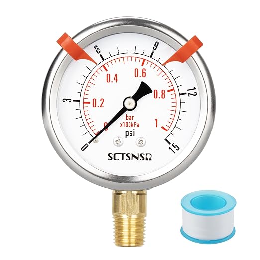 0 to 15 Psi Pressure Gauge, Glycerin Liquid Filled, 2.5 inch Dial, 1/4" NPT by SCTSNSR