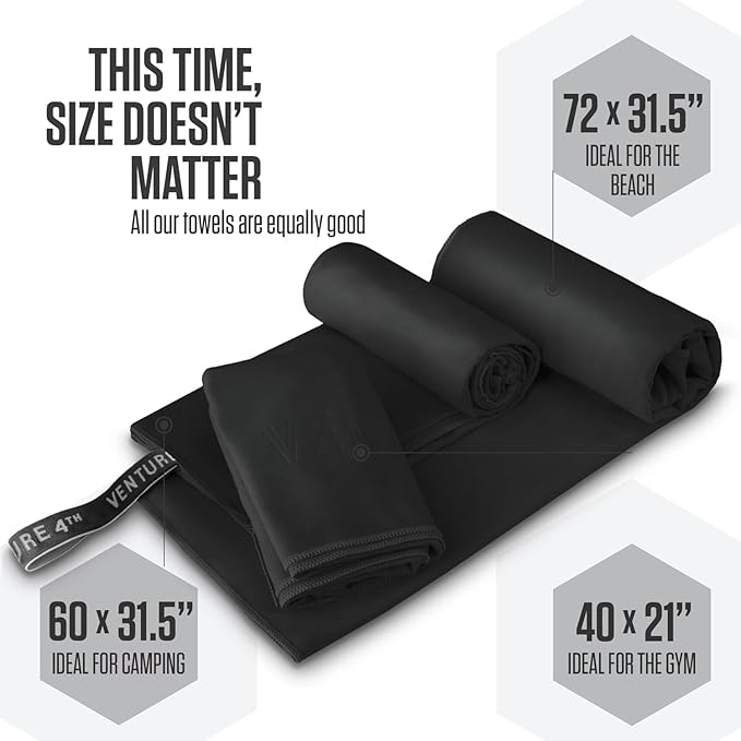 VENTURE 4TH Quick Dry Towel. Microfiber Travel Towel Ideal for Camping, Hiking, Backpacking, Gym. Lightweight & Fast Drying Travel Towels for Body. Compact & Easy to Pack - Black Medium