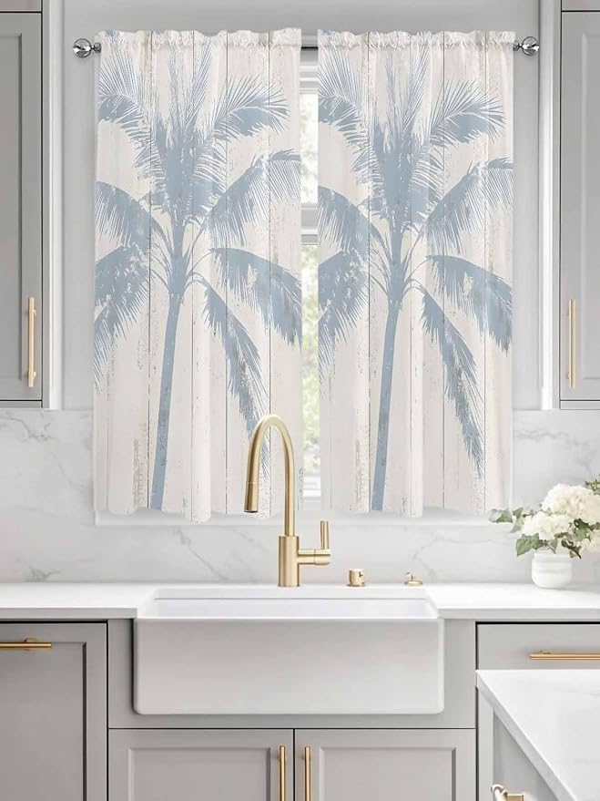 Summer Coconut Tree on Vintage Wood Grain Window Valance Curtains, Seaside - Image 3