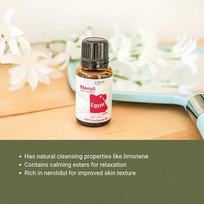 Neroli Essential Oil - Direct from Al Sheikh for Export Egypt - Steam Distilled - Aceite de Neroli for Aromatherapy, Massage, Diffuser, DIY Candle and Soap Making - 5ml
