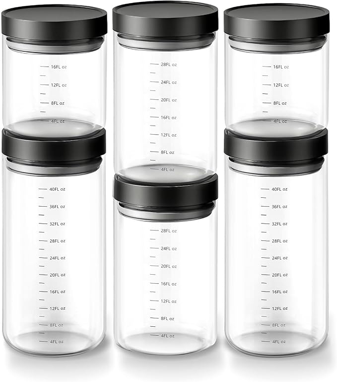 Danbark Set of 6 Mixed Sizes Airtight Glass Storage Canisters with Lids - Pantry Organizers and Storage Glass for Kitchen - for Pantry, Flour, Sugar, Coffee, Tea, Pasta, Rice, and Snacks - Black