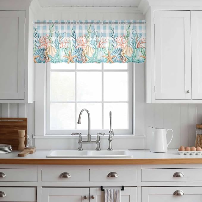 Summer Beach Sheer Valance Curtains, Ocean Colorful Coral Shell Seaweed - Image 2