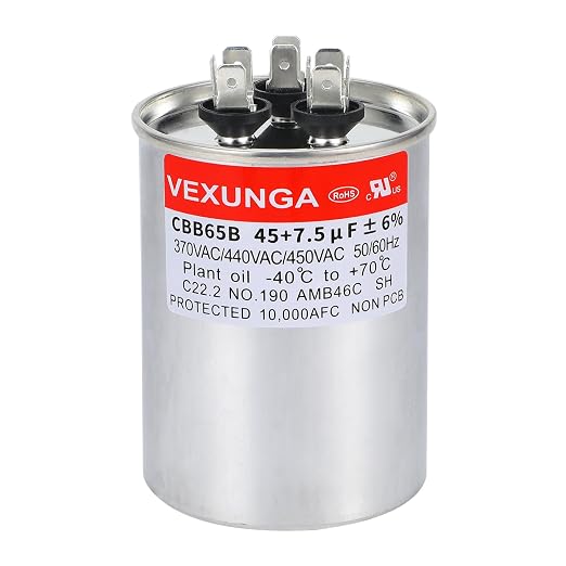 VEXUNGA 45/7.5uF AC Capacitor 45 7.5 MFD 370/440/450 VAC CBB65B Dual Run Start by VEXUNGA
