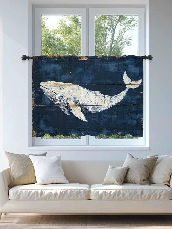 Sheer Curtains 54 Inch Length, Ocean Whale Blue Semi Sheer Curtains Light - Image 4
