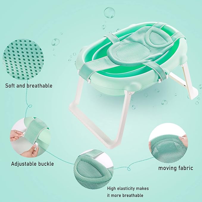 Baby Bath Seat Support Net Soft Headrest Baby Bath Cushion Pad, Breathable Newborn Infant Bathtub Shower Mesh Mat, Adjustable Shower Pad Portable Anti-Slip Bath Sling 0-18 Months, Green (No Bathtub)