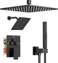 Shower Faucet Set Black Shower System, Ceiling Mount 12 Inch Shower Head With Wall Mount 6 Inch Shower Head and 2 in 1 Handheld Spray, Push Button Diverter Shower Valve Trim Kit Complete