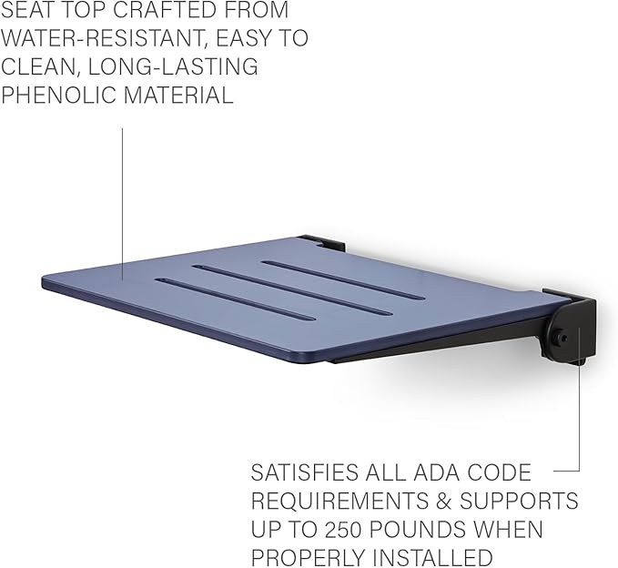 18 inch Silhouette Slimline Folding Wall Mount Shower Bench Seat, Navy Seat with Matte Black Frame