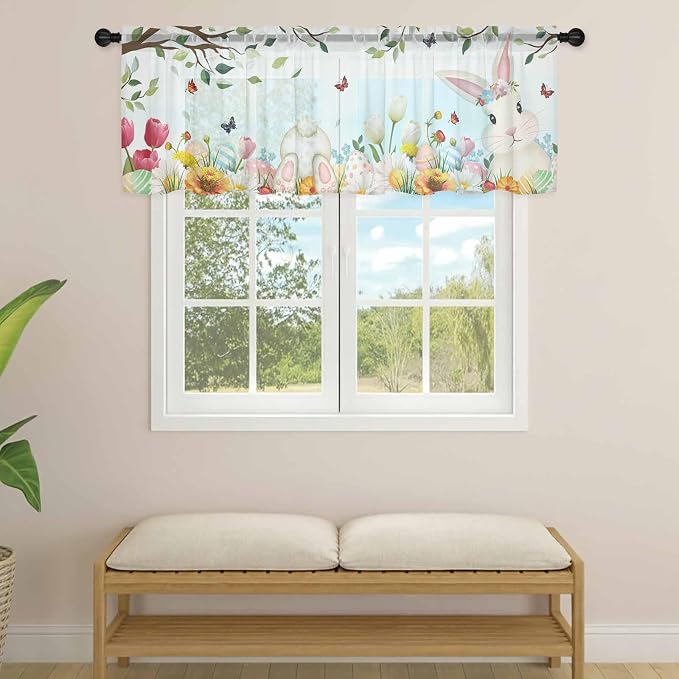 Easter Sheer Valances for Windows 60"x18", Light Filtering Kitchen Curtains - Image 4