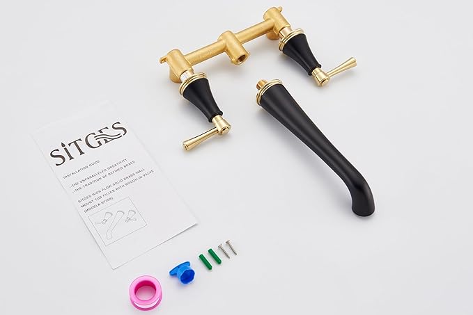 SITGES Polished Gold and Black Wall Mount Bathtub Faucet with Two Level Handles,10.5" Spout Reach Solid Brass High Flow Wall Tub Filler,Rough-in Valve Included