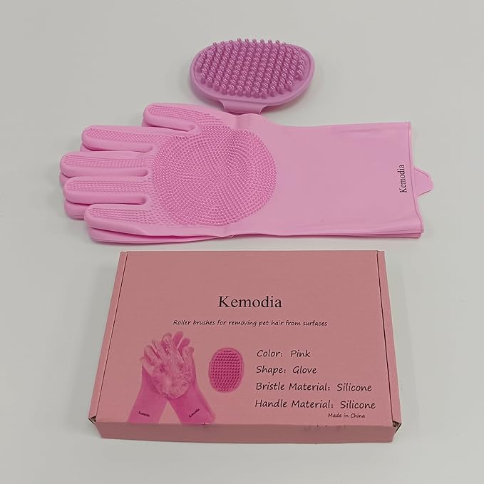 2 Piece Pink Pet Bath Supplies with Dog Washing Gloves and Dog Bath Scrubber
