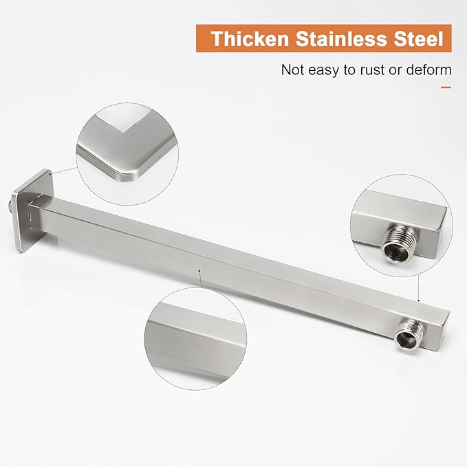 HarJue Shower Arm, Rain Shower Head Extension Extender, With Flange and Teflon Tape, Made of Thicken Stainless Steel for Bathroom Rainfall Shower (16 Inch, Brushed Nickel)