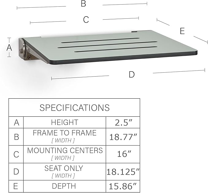 18 inch Silhouette Slimline Folding Wall Mount Shower Bench Seat, Sea Green Seat with Silver Frame