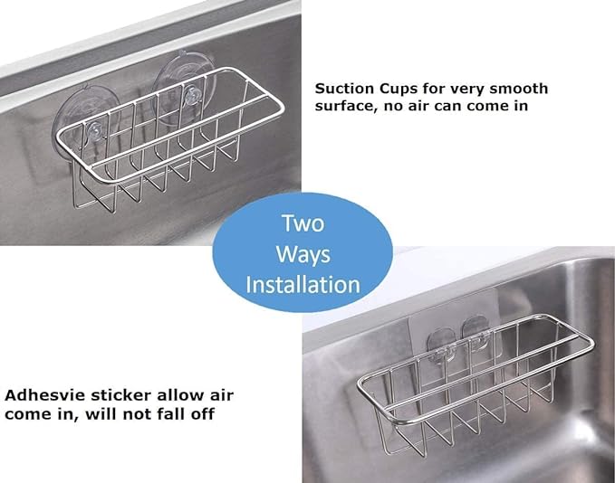 Sink Caddy Sponge Holder for Kitchen Sink Dish Cloth Hanger 2 Suspension Options(Suction Cups and Adhesive Hook), SUS304 Stainless Steel, Silver