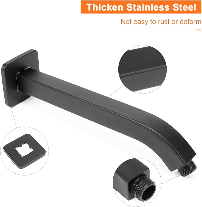 HarJue Shower Arm with Flange and Teflon Tape, Wall Mounted Square Shower Pipe 304 Stainless Steel Extension Arm for Fixed Shower Head & Handheld Shower (10 Inch, Matte Black)