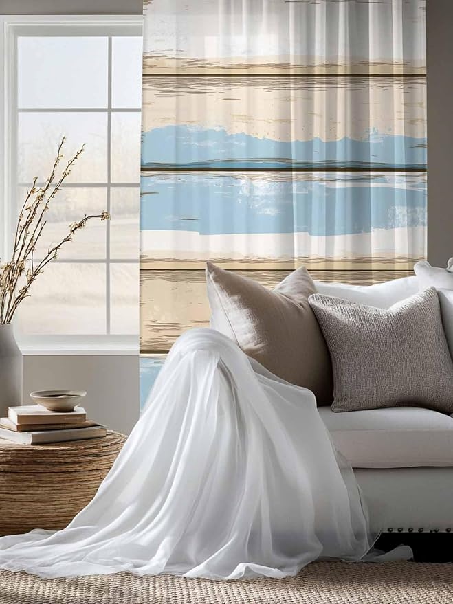 Sheer Curtains 63 Inch Length, Vintage Geometric Blue Semi Sheer Curtains Light - Image 4