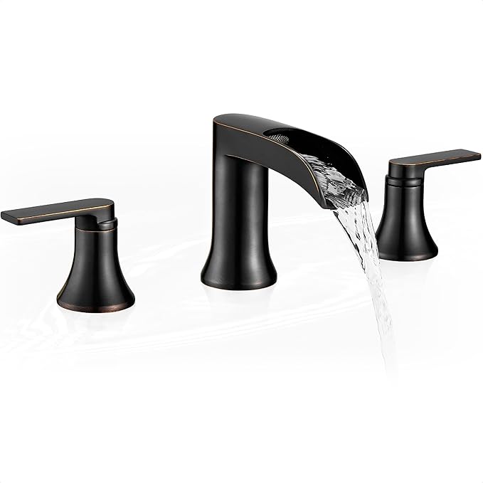 Oil Rubbed Bronze Waterfall Tub Faucet 3 Hole, Brass High Flow Roman Bathtub Faucet, Widespread Bathtub Faucets 6-16 Inch 2 Handle Deck Mount