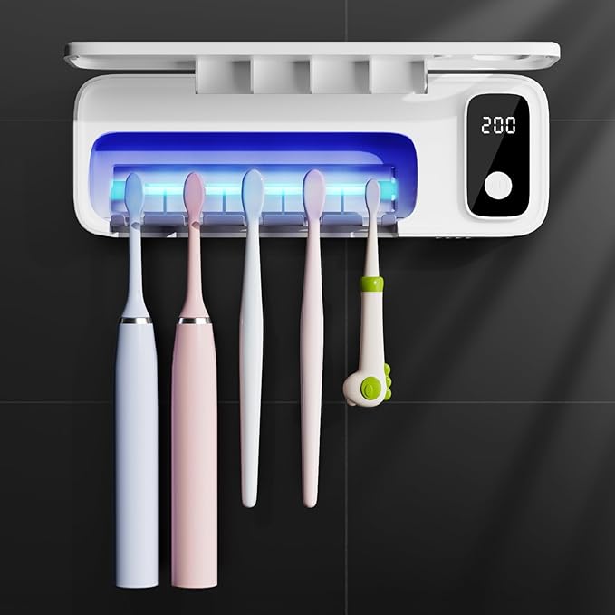 Toothbrush Sanitizer and Holder, UV Toothbrush Sanitizer Holder for Bathroom with 5 Slot, Timer Function, 2000mAh Rechargeable Toothbrush Cleaner Holder Wall Mounted Without Drilling