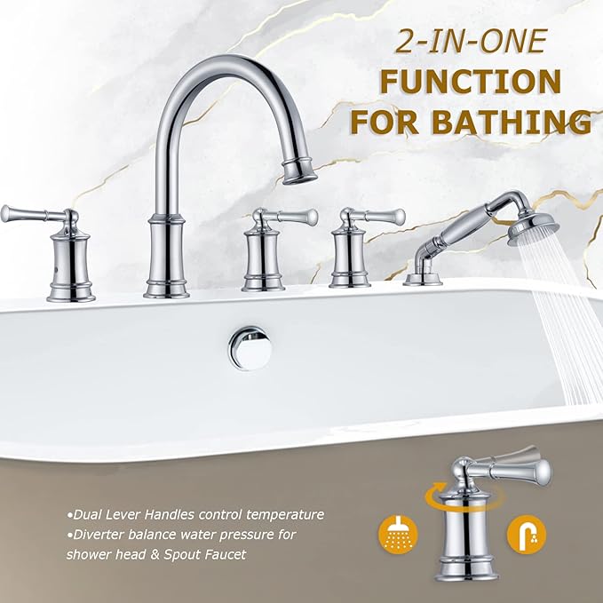 Roman Tub Faucet with Hand Shower, Antique Tub Shower Faucet Set with Valve for 5 Hole, Deck Mount 3 Handle Bathtub Filler High Flow, Polished Chrome(B2309-CP)