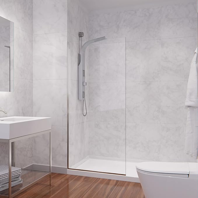 ANZZI 74 X 34 Inch Frameless Fixed Glass Shower Screen Shower Door in Brushed Nickel, Screen Water Repellent Clear Tempered Glass Single Panel for Shower Room, Glass Screen Frame Hardware Complete Kit