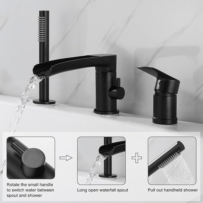 TapLong Waterfall Roman Tub Faucet with Hand Shower, Widespread Deck Mount Bathtub Faucet with Sprayer, Single-Handle 3-Holes Bathtub Shower Faucet Set in Matte Black, 03119B