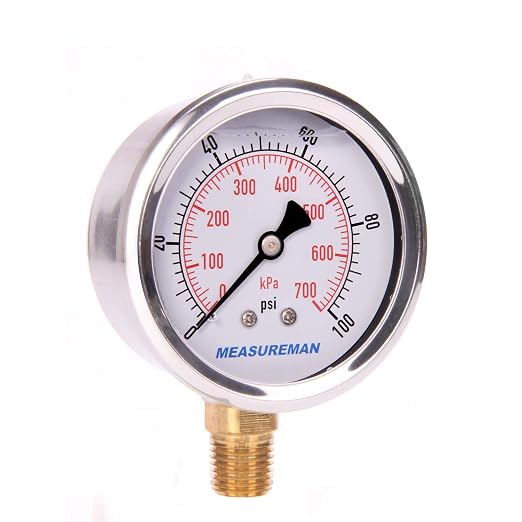 MEASUREMAN Pressure Gauge 1/4 NPT, 0-100psi/kPa Glycerin Filled Pressure Gauge by MEASUREMAN