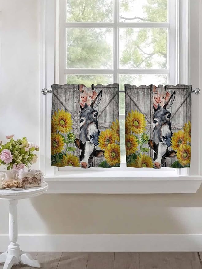 Farmhouse Half Window Curtain 36 Inches Long, Vintage Sunflowers Animals - Image 7