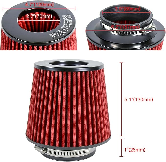 KYOSTAR Universal 3.5" High-Flow Air Filter, Reusable Cone Cold Air Intake - Image 2