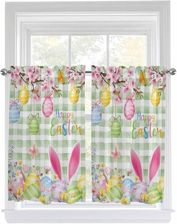 Happy Easter Kitchen Curtains 45 Inches length, Spring Bunny Eggs Flower Sage by Unknown
