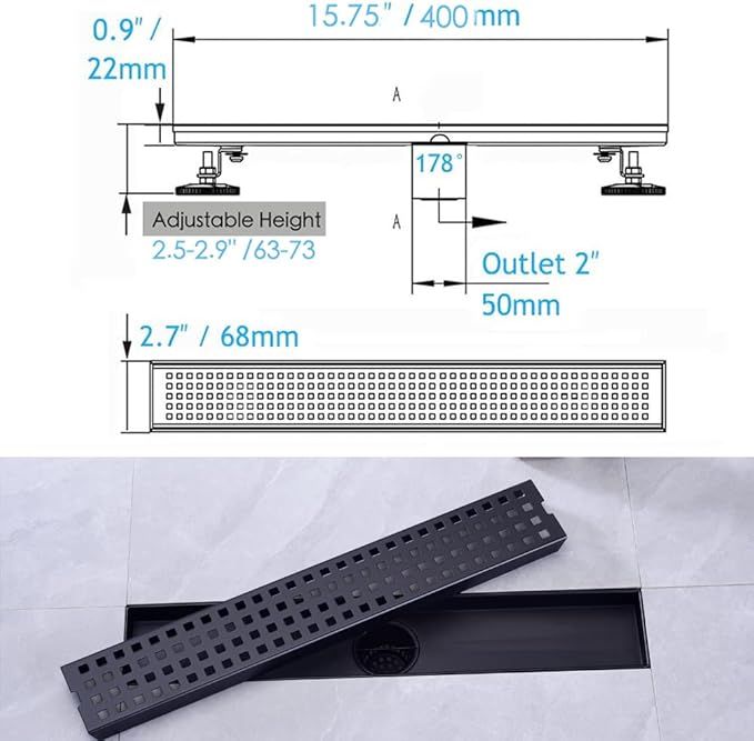16 Inch Linear Bathroom Shower Rectangular Floor Drain,New Type with Removable Cover Grid Grate, Adjustable Leveling Feet Hair Strainer, SUS304 Stainless Steel,Black