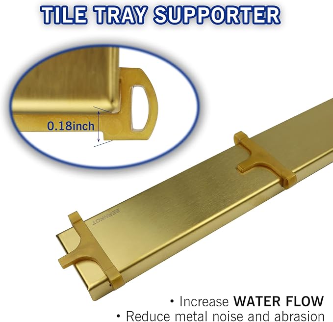 Linear Shower Drain 26", Brushed Gold Floor Drain with Tiled Insert Grate & Hair Strainer, 304 Stainless Steel Bathroom 2-in-1 Tiled in Drain, CUPC Certified (Brushed Gold, 26'')