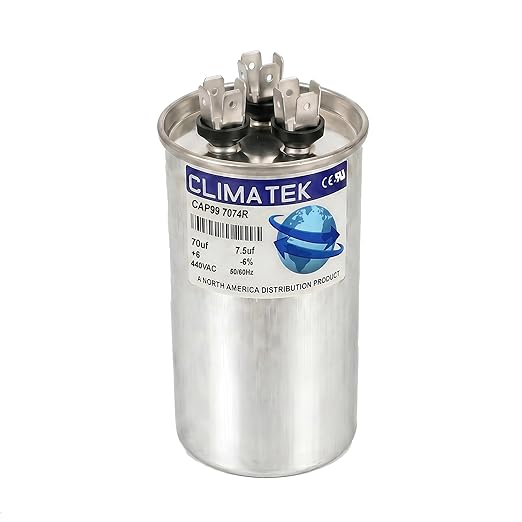 ClimaTek 70 + 7.5 MFD 370/440 Volt Dual Run Round Capacitor CAP99-7074R | by ClimaTek