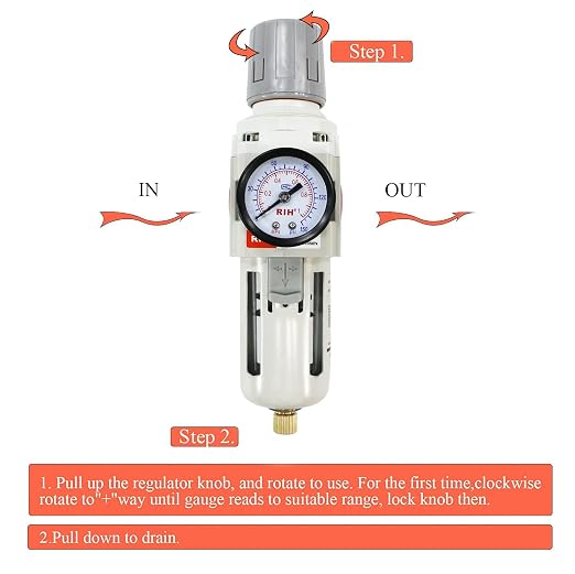 RIH 3/8"NPT Air Filter Pressure Regulator Combo Piggyback, 5 Micron Brass - Image 5