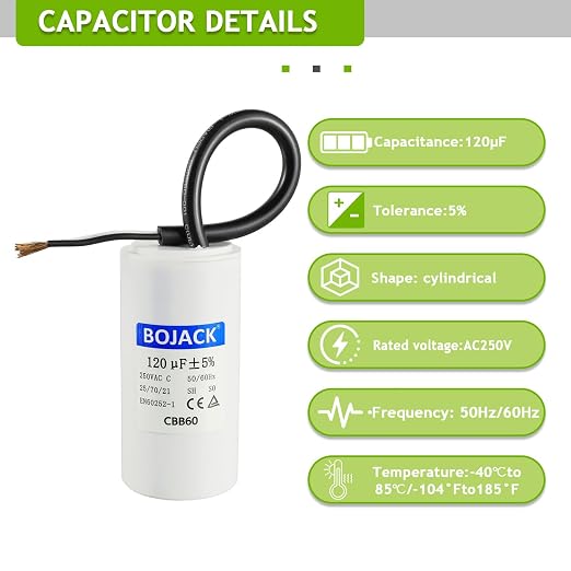 BOJACK Run Capacitor 120 uF 250V AC 120 MFD CBB60 2 Wire 50/60Hz Cylinder Motor - Image 3