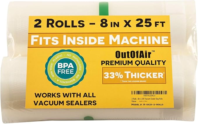 8" x 25' Rolls - Pack of 2 - OutOfAir Vacuum Sealer Rolls. Works by OutOfAirVacuumSealerBags