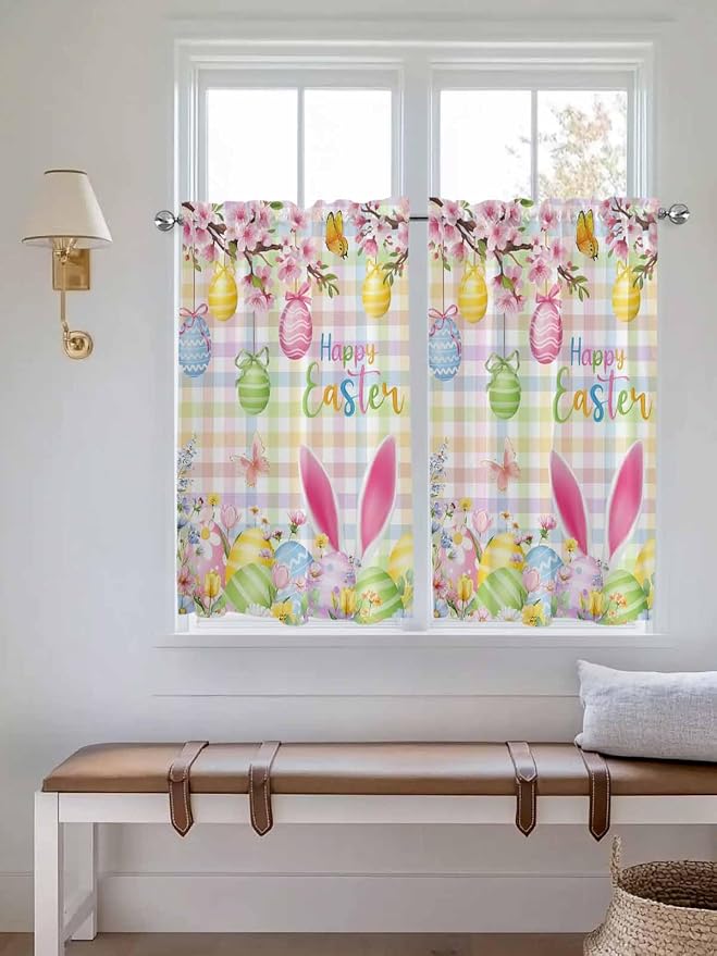 Happy Easter Kitchen Curtains 54 Inches Length, Spring Bunny Colorful Eggs - Image 4